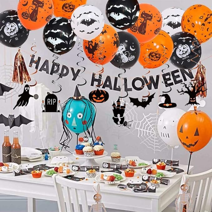 Halloween Party Decorations Set Including Happy Halloween Banner, Hanging Swirl, Pumpkin Skull Ghost Horror Banner Balloons for Indoor Decorations