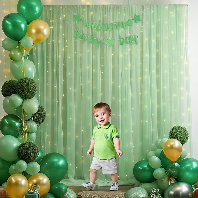 10x10ft Olive Green Tulle Backdrop Curtain with Lights String for Parites, Sheer Photo Backdrop Curtains for Wedding Baby Shower Birthday Party St. Patrick's Day Photo Shoot Background Decorations