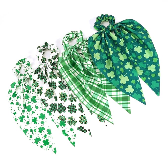 4pcs St.Patrick's Day Hair Ties for Woman Girls Green Plaid Shamrock Ribbon Hair Scrunchies Elastic Irish Lucky Leaf Hair Tie St.Patricks Party Supplies Hair Accessories