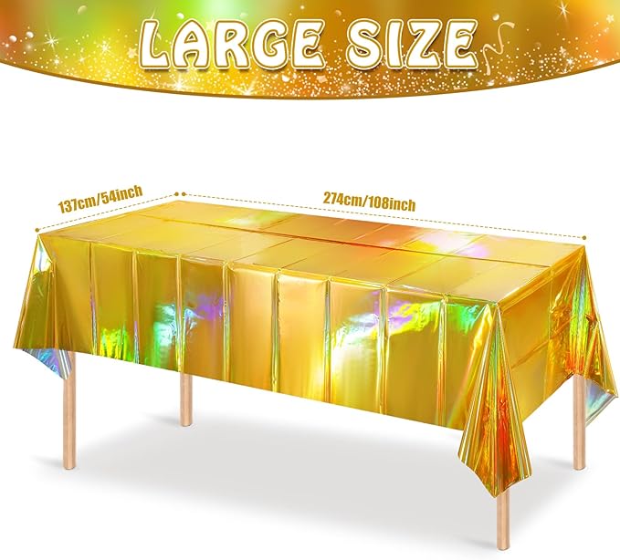 4 Pack Gold Iridescent Plastic Tablecloths Shiny Disposable Laser Rectangle Table Covers Holographic Foil Tablecloth Iridescent Party Decorations Birthday Bridal Wedding Christmas, 54 x 108 Inch