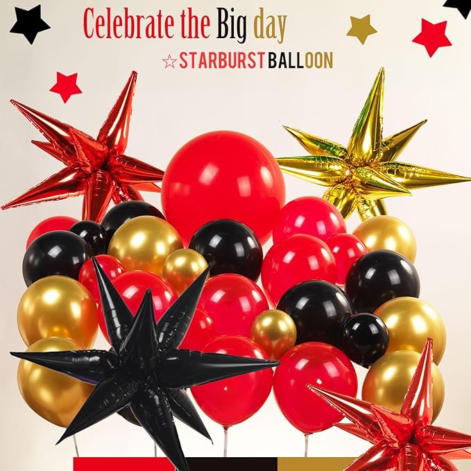 Black Red and Gold Balloon Garland Arch Kit 150PCS – Starburst Balloons for 2025 Graduation Party Decorations, Prom, Class of 2025, Movie Night or Casino Theme Celebration