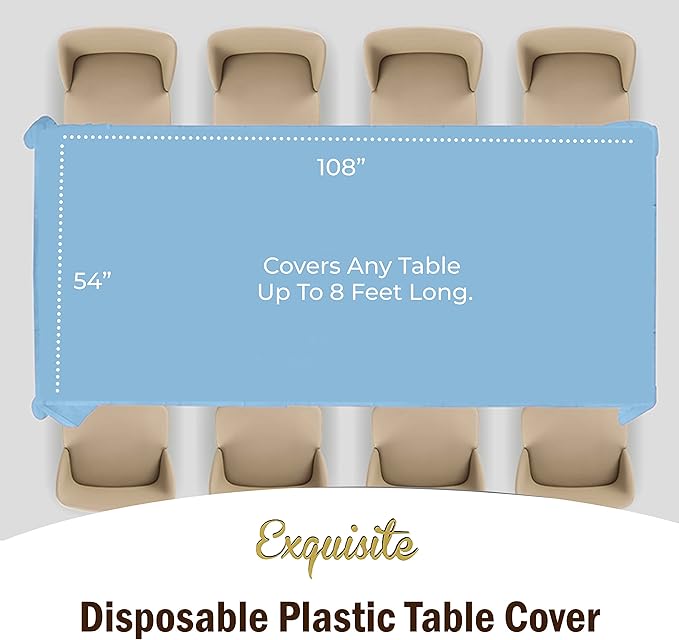 Exquisite Party Solids 6-Pack Premium Plastic Tablecloth 54in. x 108in. Rectangle Plastic Table Cover - Light Blue