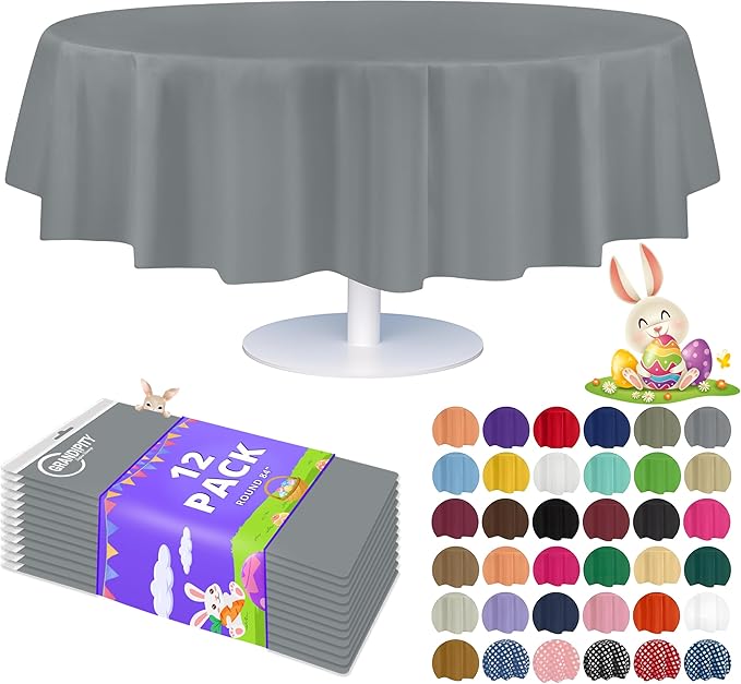 Grandipity 12 Pack Premium Disposable Plastic Tablecloth 84" Inch Decorative Round Table Cover - Silver