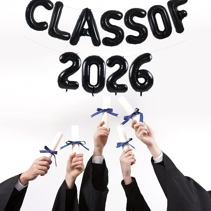 TONIFUL Black Class of 2026 Graduation Balloon Banners Foil Balloons Decorations 2026 Congrats Grad Balloons for Class of 2026 Congratulation Graduations Party Supplies