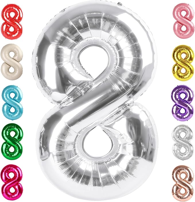 40 Inch Number 8 Balloon, Silver 8 18 28 80 Birthday Balloons for Men Boys, 8th Birthday Decorations Party Supplies, Wedding, Graduations