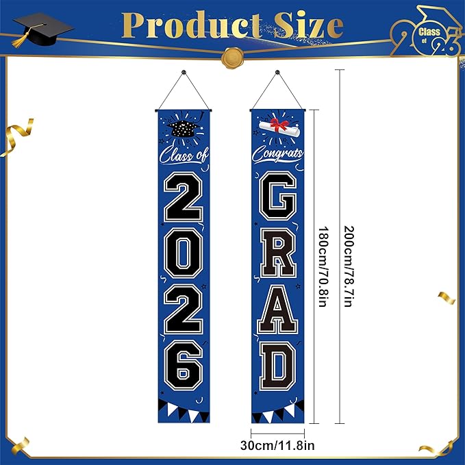 Graduation Decorations 2026 - Blue and Black Graduation Banner Class of 2026 Congrats Grad Party Supplies Decorations Door Banner 2026 for Graduation Decor