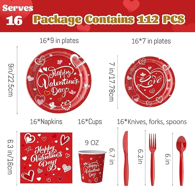 112PCS Valentine’s Day Heart Party Plates Supplies Love Red Heart Party Tableware Decoration Disposable Paper Plates Napkins Forks for Graduation, Anniversary(Serves 16)