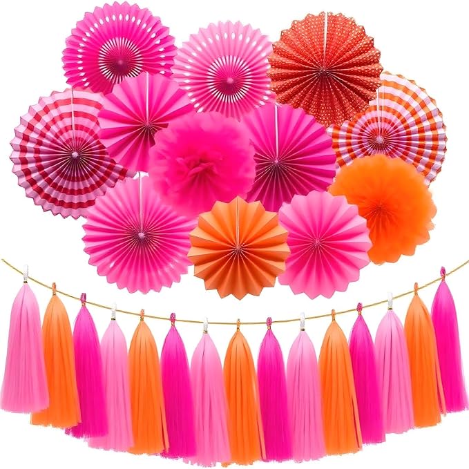 Hot Pink Orange and Pink Tassel Garland Banner - Handmade Paper Tassels for Party Decorations, Wedding Backdrop, DIY Craft Projects (30-Pack)
