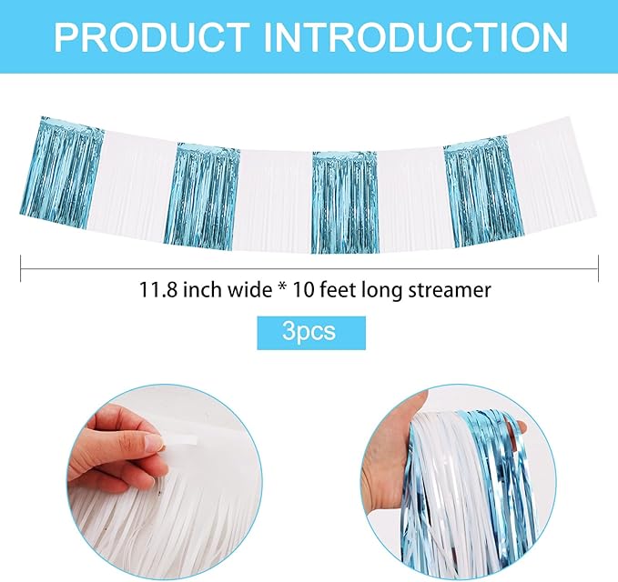 BEISHIDA 3 Packs Metallic Foil Fringe Garland Light Blue White Wall Hanging Tinsel Fringe Banners for Car Floats Bridal Shower Wedding Birthday Graduation Holiday Party Decoration(30 Feet)
