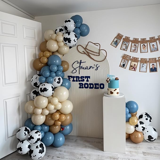 Cow Print Balloons, 12 Inch Dusty Slate Blue Brown Yellow Sand White Latex Party Balloon Western Cowboy Balloons for Boys First Rodeo Baby Shower Farm Country Wild West Birthday Party Decorations