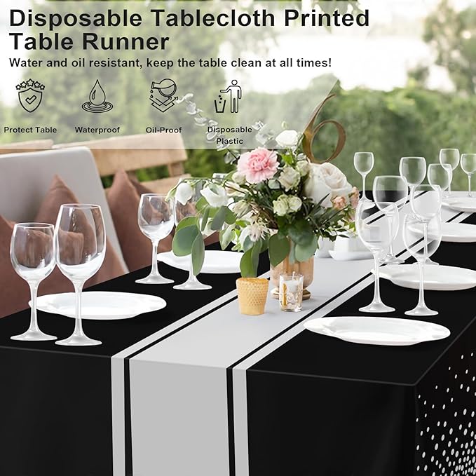 2 Pack Black and Silver Tablecloth Party Decorations Plastic Black Tablecloth Printed Silver Table Runner 54 x108 Inch Disposable Rectangle Table Cover for Birthday Wedding Graduation