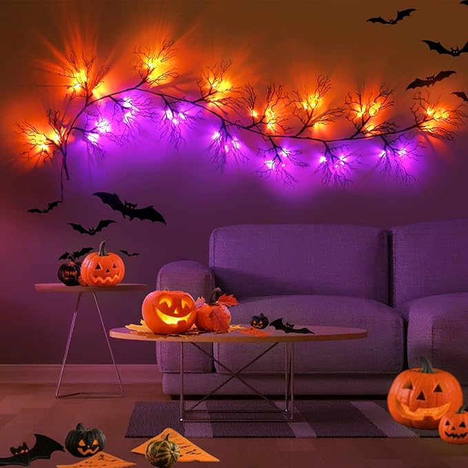 Joyhalo Halloween Garland with Lights Decorations with Pumpkin & Bat Lights,Battery Operated 6FT 46 LED Halloween Willow Vine Twig Garland for Mantle,Wall,Fireplace and Halloween Decorations
