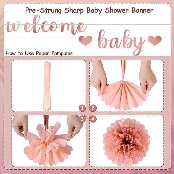 Kriyokiaa 15 Pcs Baby Shower Decorations for Girl Dark Rosegold Baby Shower Decorations with Welcome Baby Banners Paper Flower Pom Poms Perfect for Indoor & Outdoor Celebrations
