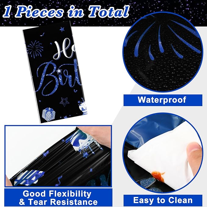 Tudomro 1 Pcs Happy Birthday Tablecloths Happy Birthday Party Decorations Plastic Table Cover Rectangular Cloths for Women Men Baby Shower Party Supplies, 108 x 54 Inch (Black Blue)