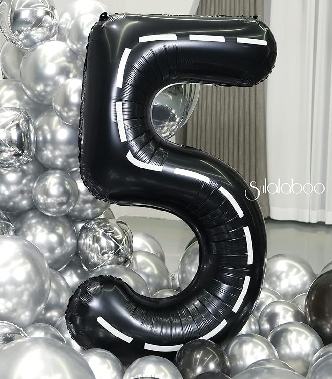 Race Car 40Inch Black 5 Balloon Number Large Helium Race Track 0-9 Giant Digital 5th Foil Mylar Big Party Number Balloons for Boy Birthday Car Theme Party Anniversary Graduation Decorations