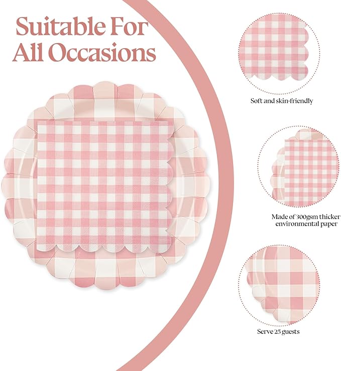 50PCS Light Pink Gingham Party Supplies - 7Inch Scalloped Dessert Paper Plates and Napkins Set Disposable Plaid Dinner Party Set for Valentine's Day Baby Shower Birthday Wedding, Serve 25