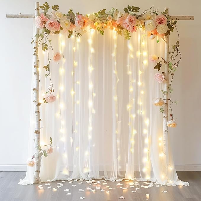 20 FT x 8 FT White Backdrop Curtain - Tulle Backdrop Curtain with 9.8FT Lights String - Sheer Backdrop Curtains with 4 Inch Rod Pockets for Birthday Weddings Baby Shower Celebration Party Decorations