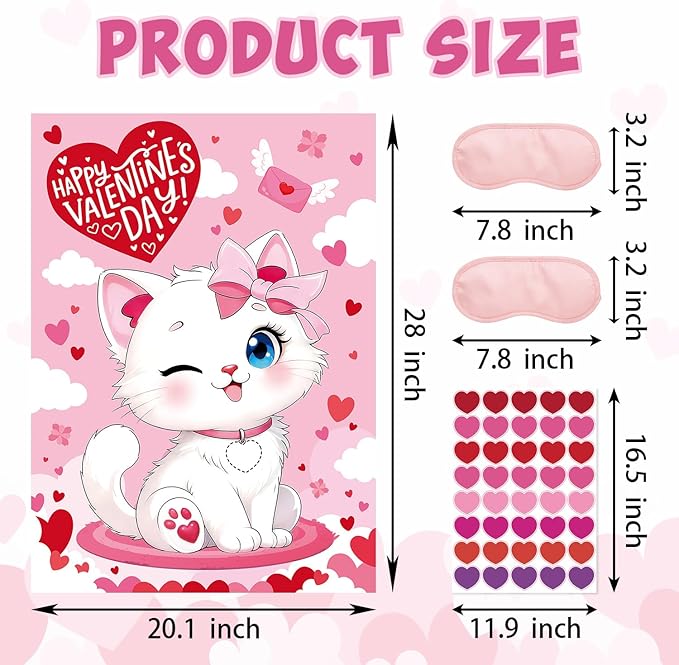 Valentine Games - Pin The Heart Game with Large Poster, 48 Reusable Heart Stickers, 2 Eye Masks & Adhesive Dots - Valentine's Day Party Supplies
