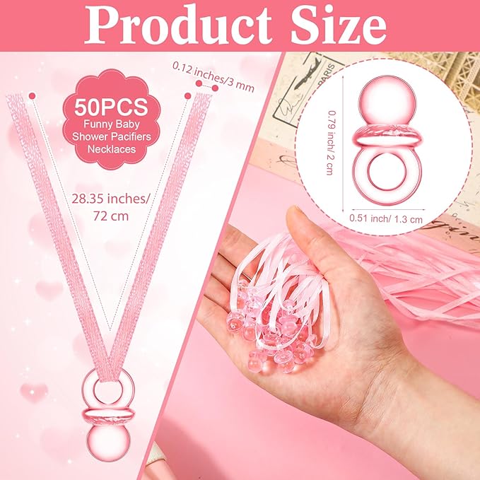Geetery 51 Pcs Don't Say Baby Game Sign Cool Baby Shower Game 50 Pacifier Necklace Wooden Don't Say Sign Plastic Pacifier Party Favor for Gender Reveal(Wildflower,Pink)