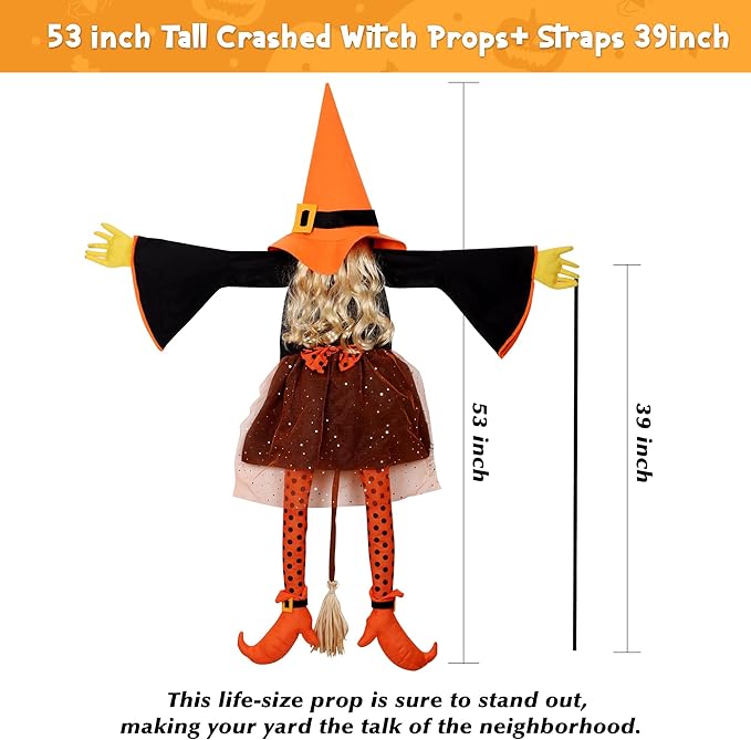 53" Crashing Witch Halloween Decoration – Funny Orange Flying Witch Hanging Prop for Yard, Tree, Porch, Patio, and Fall Outdoor Decor