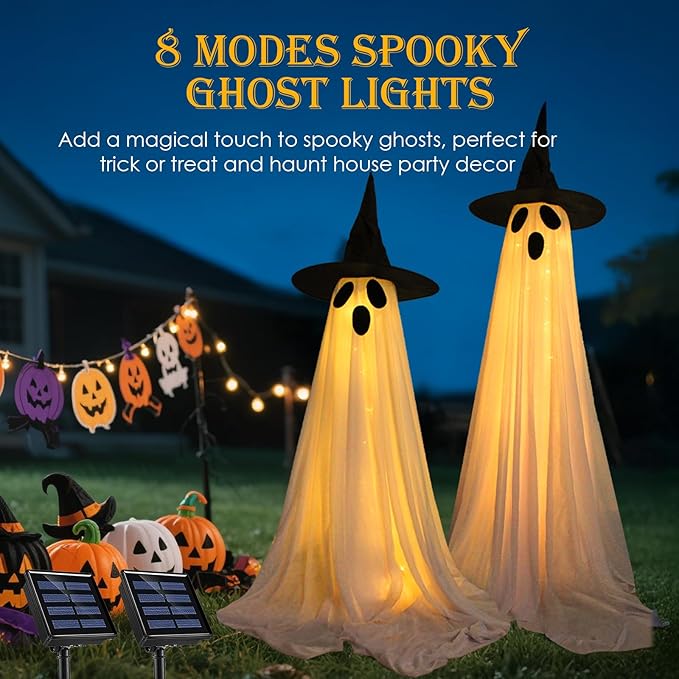 2 Pack Halloween Decorations Outdoor, Solar Light Up Spooky Ghost Decorations, Waterproof Solar Halloween Lights Outdoor Ghost Decor for Yard, Porch, Pathway, Haunted House Party Decor
