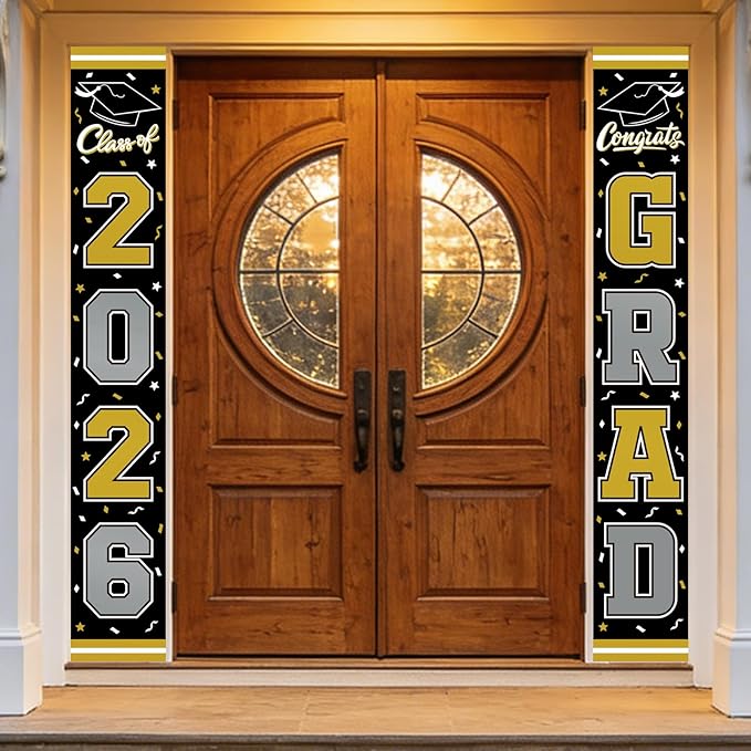 2026 Graduation Decorations,Congrats Grad Banner Backdrop for Class of 2026 Decorations- Black and Gold Graduation Party Decorations