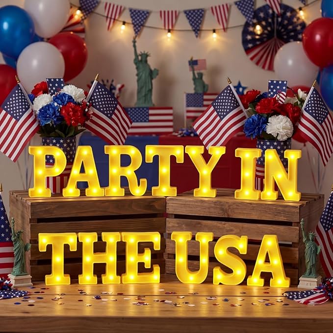 Honoson 13 Pcs 4th of July Decorations Party in The USA Lights up Signs 250th Memorial Day Patriotic Parties Table Decor Set for Independence Day Memorial Veterans Patriotic Party Decorations