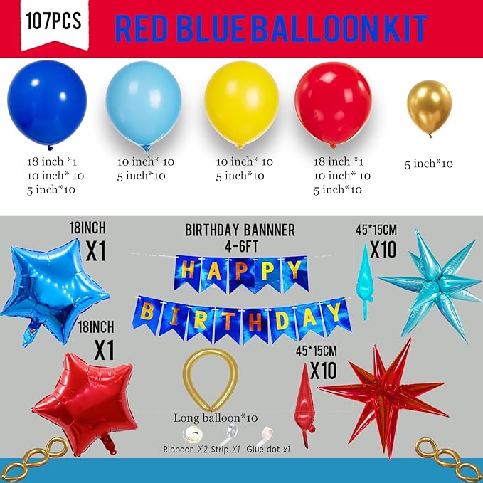 Super Hero Hedgehog Theme party decorations with 107Pcs Red Blue Yellow Gold Balloon Garland Arch Kit foil lightning Star balloons birthday banner for kids cartoon themed Baby Shower decor