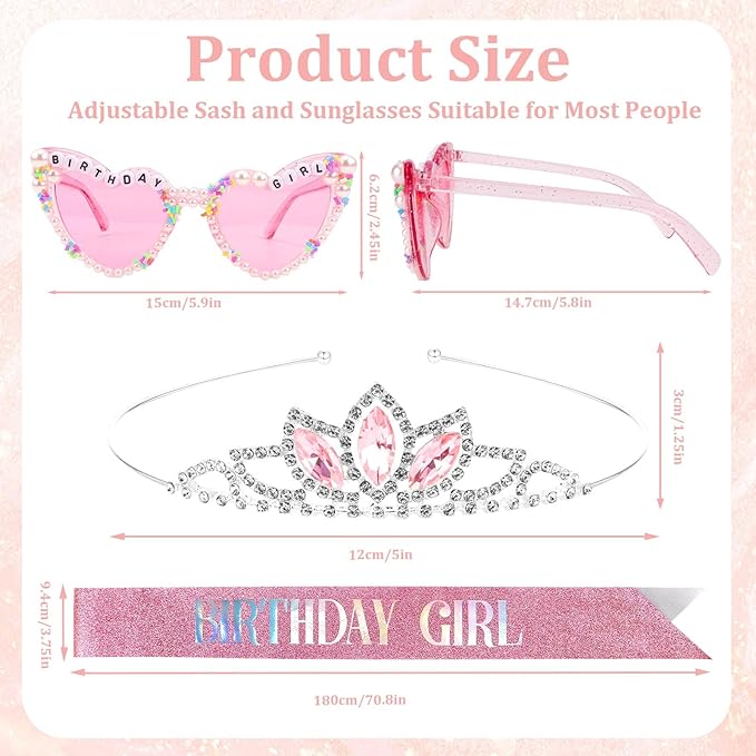 Birthday Girl Sash, Birthday Sash for Girls and Women with Birthday Glasses (Tiara,sash,glasses)