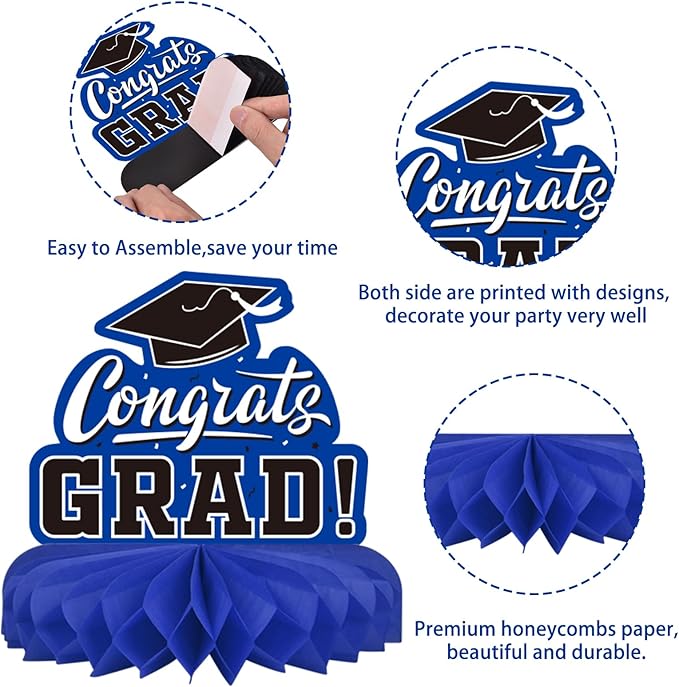 9PCS Graduation Party Decorations Class of 2026 Congrats Grad Table Centerpiece Congratulate Graduation Honeycomb Table Toppers for Graduation Party Supplies(Blue,Black）