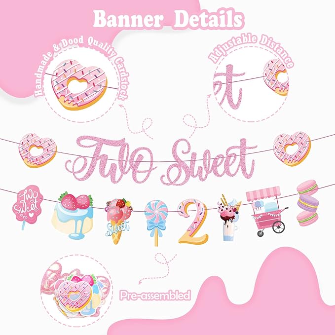 Two Sweet Birthday Decorations - 2nd Birthday Banner Donut Theme Party Kit for Two Years Old with Macaron Balloon Garland and Candy Theme Supplies