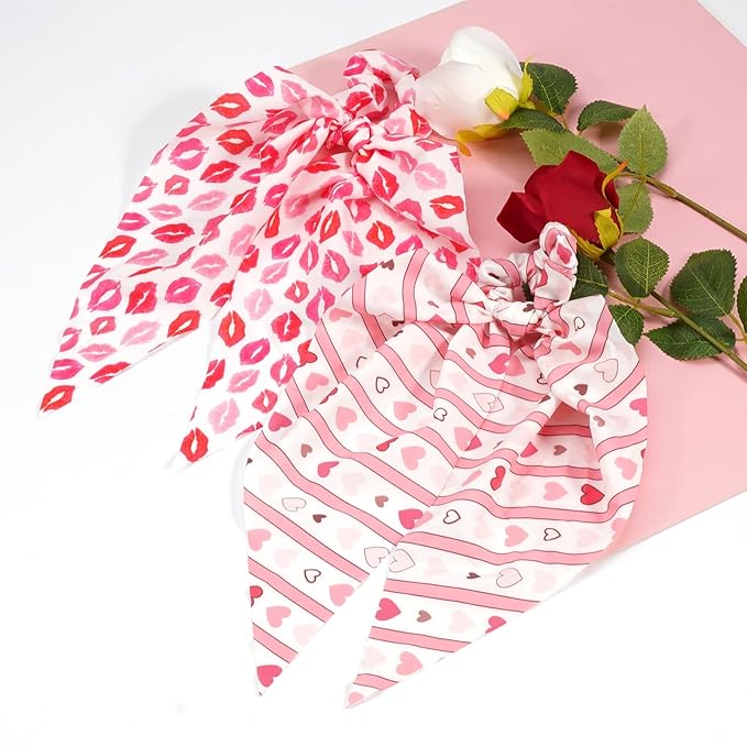 Valentine's Day Hair Ties for Woman Girls Heart Ribbon Valentines Hair Scrunchies Elastic Pink Stripe Lip Hair Tie Party Supplies Hair Accessories 2PCS