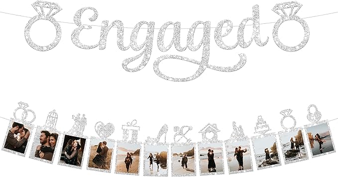 KatchOn, Silver Glitter Engaged Photo Banner - 2 String, 10 Feet, No DIY | Silver Engagement Party Decorations | Engagement Photo Banner for Bachelorette Party Decorations | She Said Yes Decorations