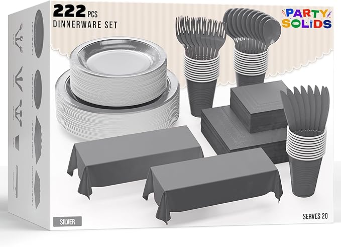 222 Pcs Silver Paper Plates and Napkins Sets, Disposable Plates For Party, Lunch & Cocktail Napkins Paper, 18oz Plastic Cups, Cutlery and Silver Table cloth Plastic Dinnerware Set