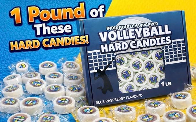 Volleyball Candy Team Party Favor Bulk Pack – Easter Basket Stuffer - 110+ Individually Wrapped Ball Hard Candies Blue Raspberry Flavor – One Pound of Game Day Snacks, Goodie Bag Fillers, Sports Birthday Treats -
