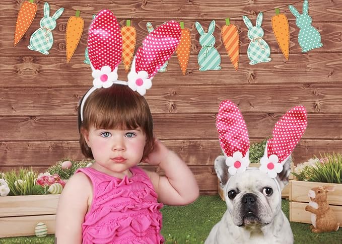 Happy Easter Backdrop Spring Rabbit Carrot Green Grass Eggs Baby Shower Backdrop Brown Wooden Wall Easter Party Decoration (7x5ft)