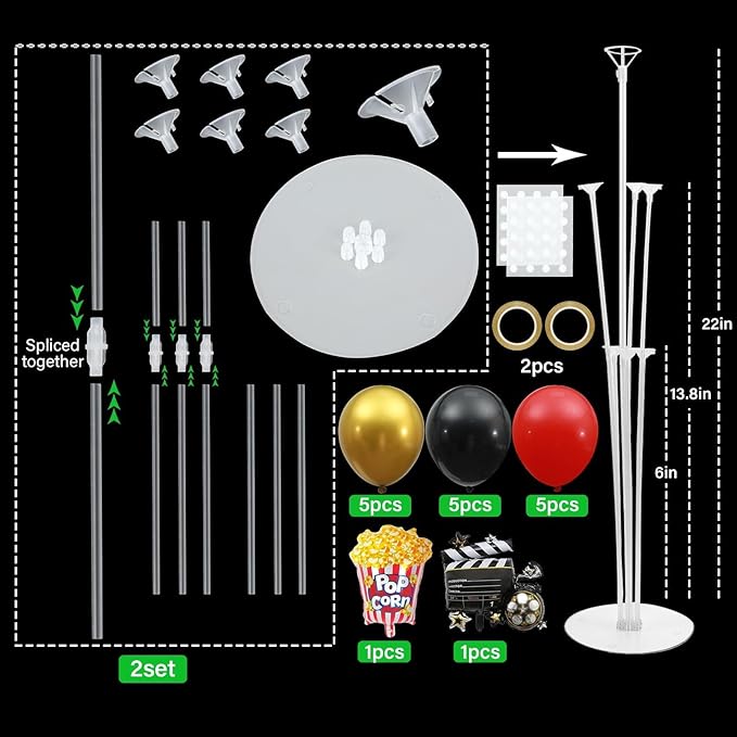 Movie Night Party Balloons Stand Kit 2 Sets with 2 Popcorn Clapboard Foil Balloons Black Red Gold Party Balloon Centerpiece for Tables for Birthday Camera Film Movie Party Decoration