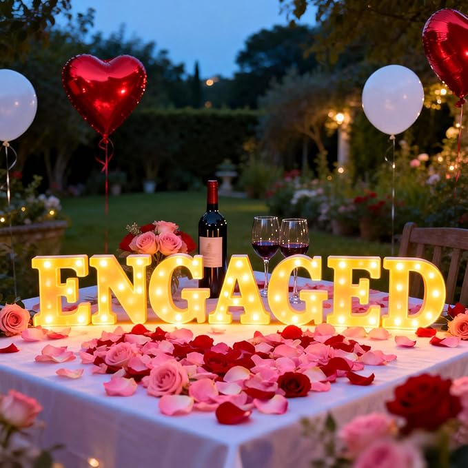 Engagement Party Decorations, Engaged LED Light Up Letters, With Rose Petals, Aluminum Balloons, Round Pearlescent Balloon, Double Sided Tape, for Wedding Engagement Bridal Shower Engaged Party Decor