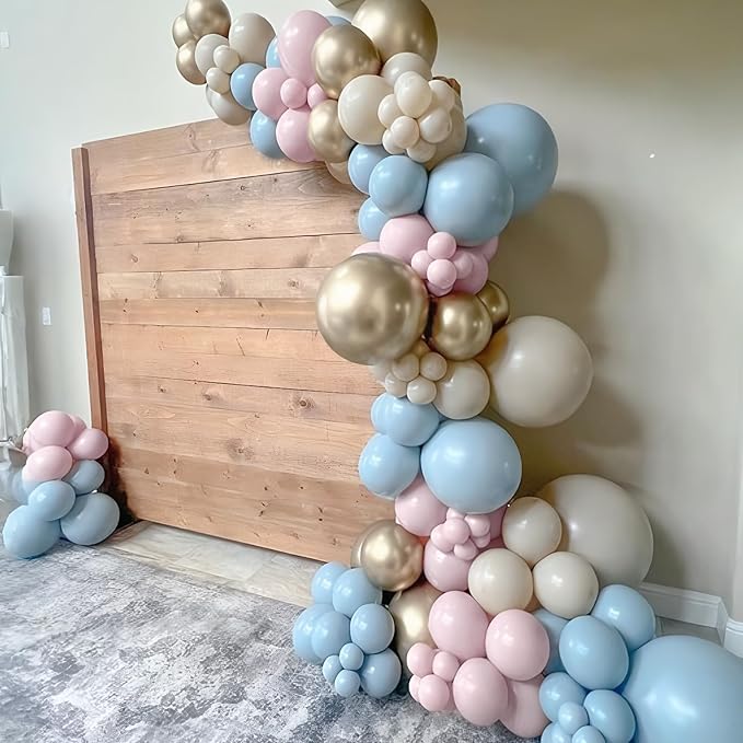 Gender Reveal Balloon Arch Kit, 100 PCS Dusty Pink Blue Balloons, Metallic Gold Sand White Balloons for Boy or Girl Gender Reveal Boho Birthday Wedding Baby Shower Bridal Bear Theme Party Decorations
