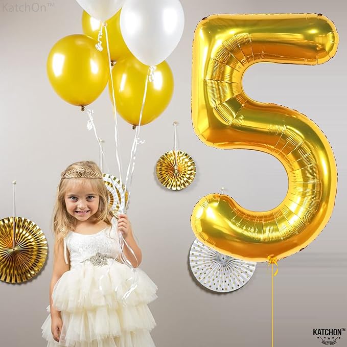 KatchOn, Giant Gold 5 Balloon Number - 40 Inch | Golden 5 Balloon, 5 Year Anniversary Decorations | Gold Number 5 Balloon, 5th Birthday Decoration | Five Balloon for 5 Year Old Birthday Decorations