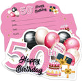 ERHACHAIJIA 20 PCS Pink & Black Golden Balloons & Cake Shaped Fill-In Invitations Cards With Envelopes, Funny 50th Happy Birthday Party 50 Year Old Birthday Invites For Women Lady Wife Mom Adults