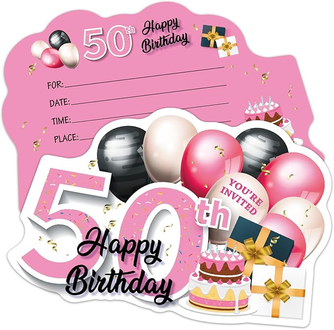 ERHACHAIJIA 20 PCS Pink & Black Golden Balloons & Cake Shaped Fill-In Invitations Cards With Envelopes, Funny 50th Happy Birthday Party 50 Year Old Birthday Invites For Women Lady Wife Mom Adults