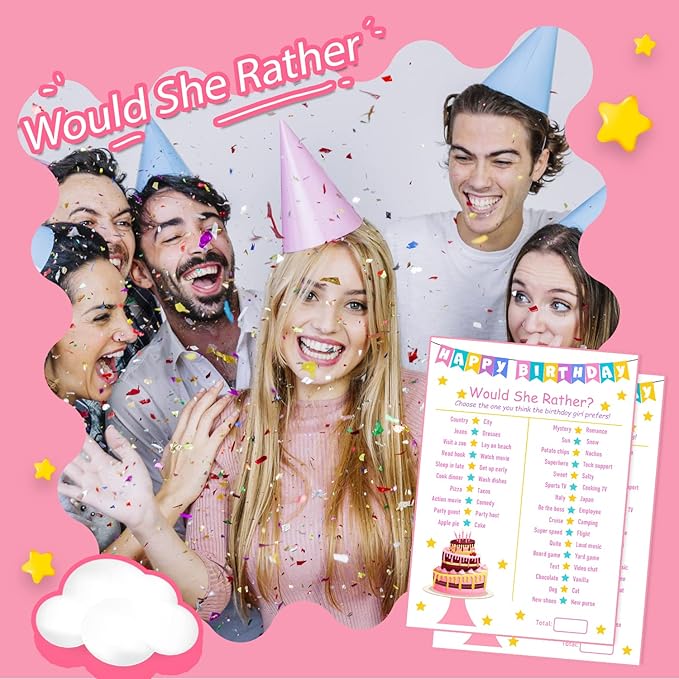 Birthday Girl Party Game - Would She Rather - 20 Game Card Set - Girl Birthday Party Activity Notebook