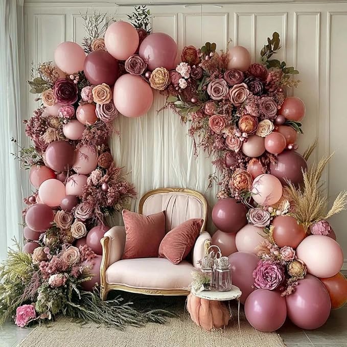 Dusty Rose Pink Balloon Garland Arch - Double Stuffed Dark Pink Balloons For Valentines Birthday Baby Shower Boho Bridal Shower Wedding Party Decorations