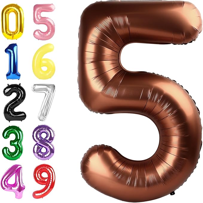 Number 5 Balloon 40 Inch, Foil Balloons for Boys And Girls, Coffee Brown Numbers Balloon for 5, 15, 25, 50 Birthday Party Decoration, Anniversary, Wedding, Single Supplies