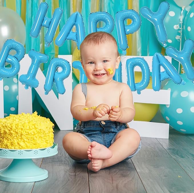 KALOR Light Blue Happy Birthday Balloons Banner, 16 Inch Mylar Foil Letters Balloon Sign for Birthday Party Decorations Photo Booth Backdrop