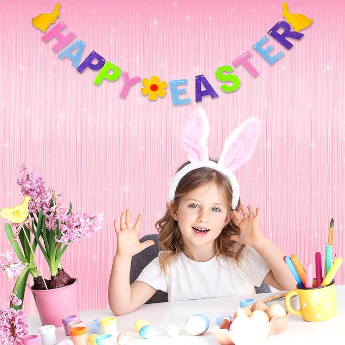 Pastel Pink Tinsel Curtain Backdrop, 3.28 x 8ft Extra Long Macaron Pink Foil Fringe Curtain with Extra Backup Tape, Party Decoration for Easter, Birthday & Photo Booth, 2 Pack