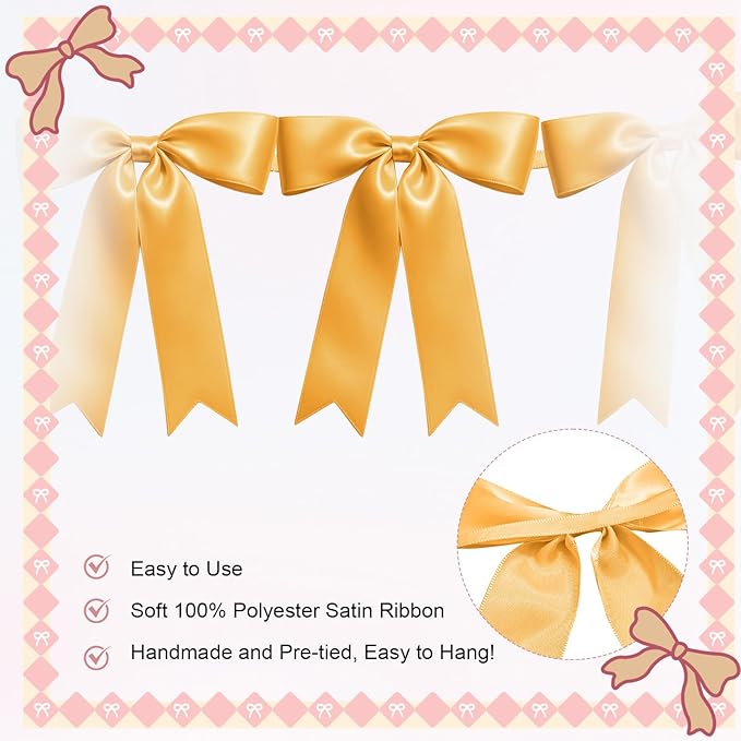 2 Strings of 16PCS Golden Bow Garlands Banner Decoration,Pre-Strung Satin Ribbon Ornaments for Birthday,Bachelorette Party,Bridal Shower,Wedding,Engagement,Baby Shower,Graduation Decor,Anniversary