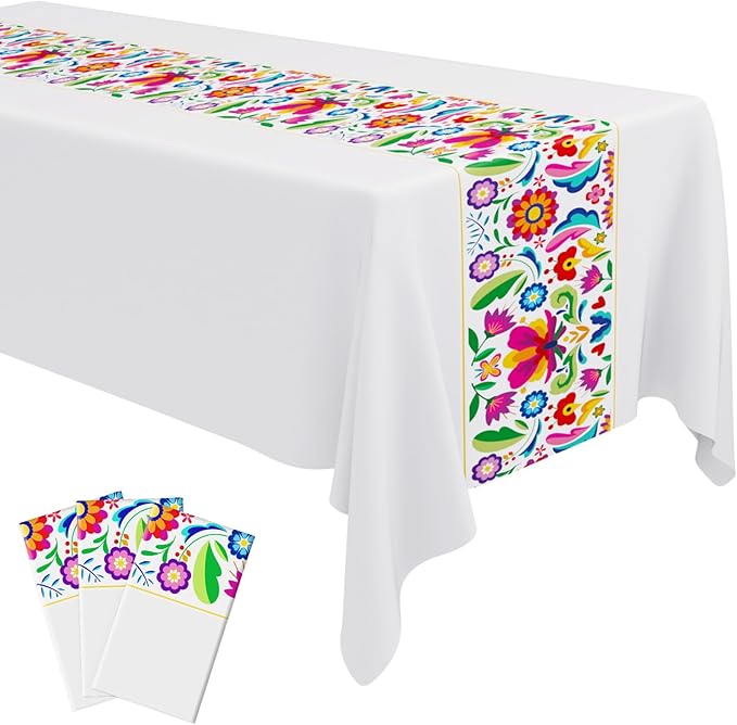 Oudain 3 Pcs Fiesta Tablecloth 108 x 54 Inch Plastic Tablecover Mexican Waterproof Tablecloth Disposable Table Cover for Taco Night Festive Mexican Fiesta Wedding Party Decoration (White 1)