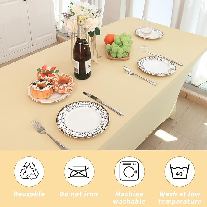 Fixwal 3 Pack Champagne Beige Cream Stretch Spandex Tablecloth 6FT - Fitted Washable Wrinkle Resistant Rectangular Table Cover for Wedding Trade Show Party Event [72Lx30Wx30H Inch]
